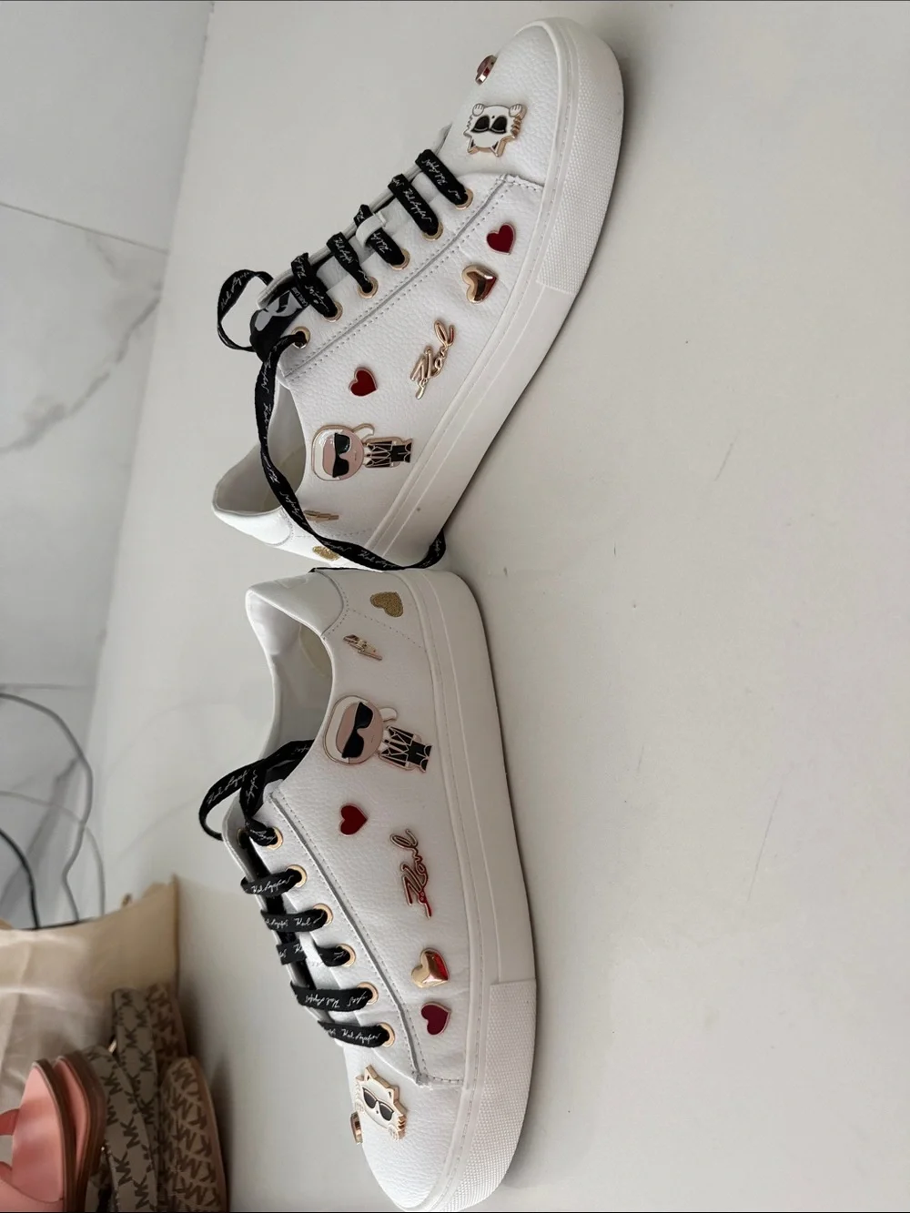 Karl Lagerfeld White Sneakers with Black Laces and Red Heart Accents